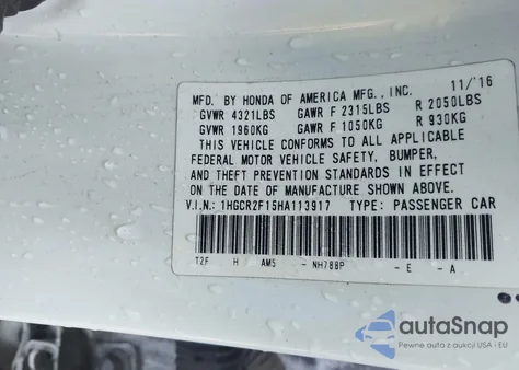 2017 Honda Accord Sport Se z USA, uszkodzony, nr VIN 1HGCR2F15HA113917